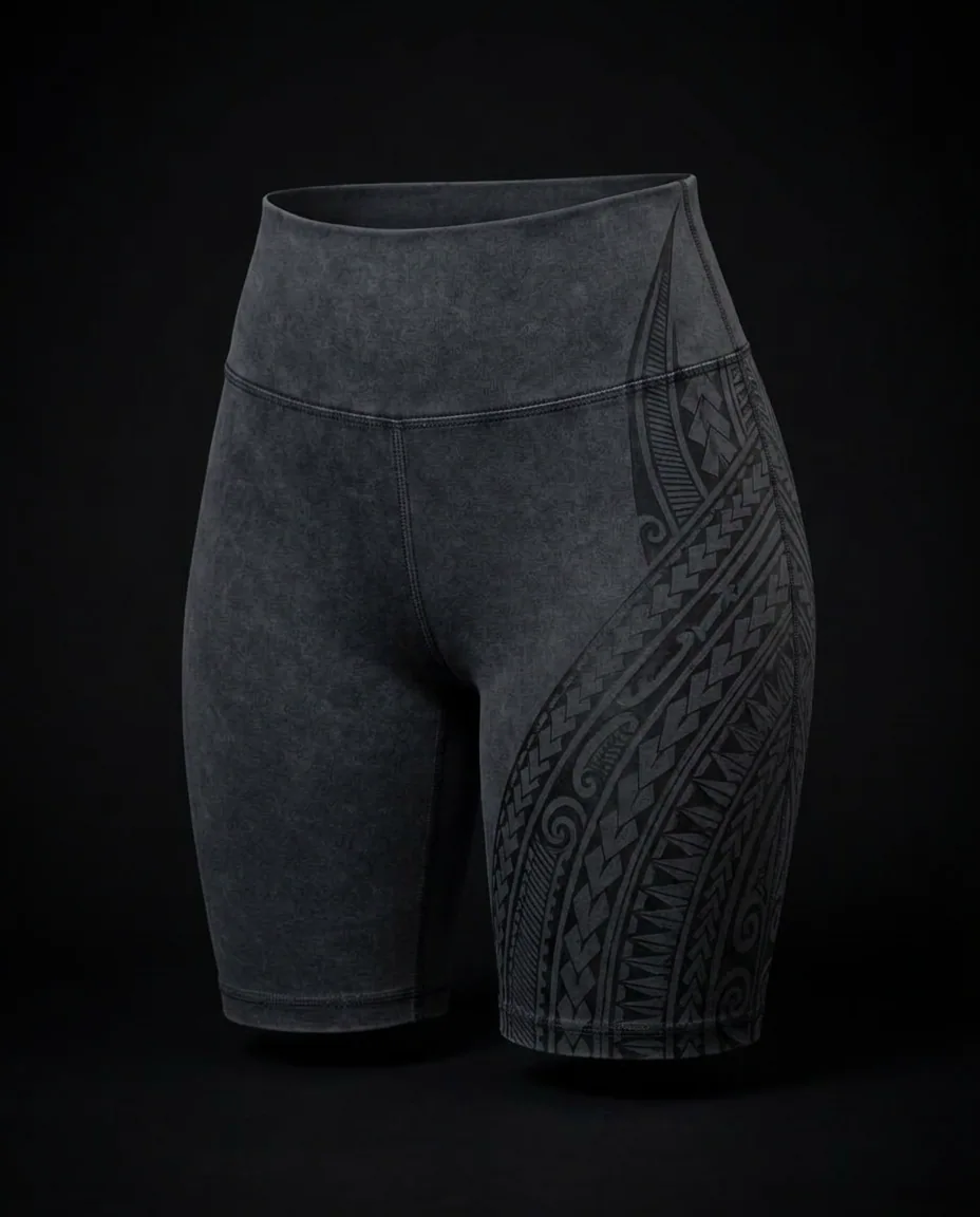 The Koru Bone Bike Short — Koru / Niho Mano motif — front view