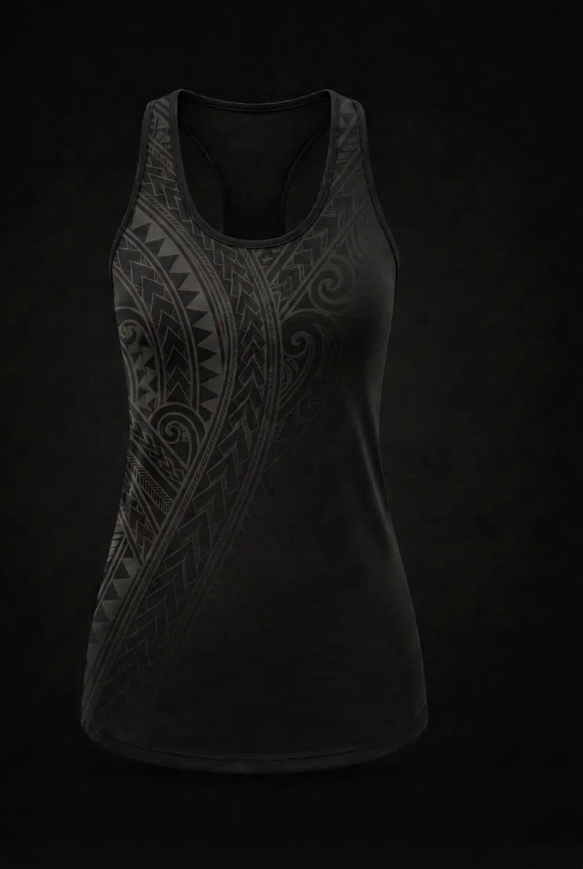The Niho Mano Yoke Wahine Tank — Niho Mano motif — front view
