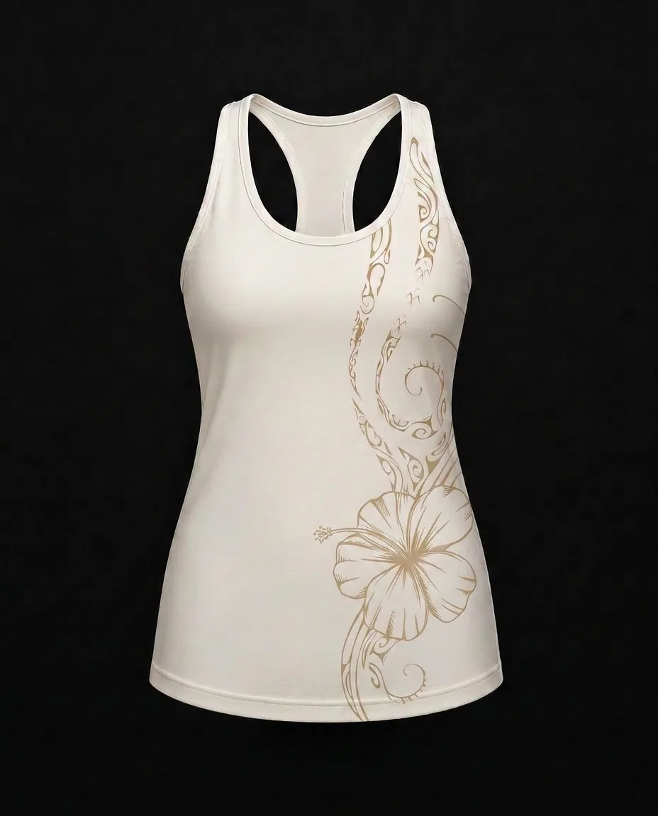 The Hibiscus Koru Wahine Tank — Hibiscus Koru motif — front view
