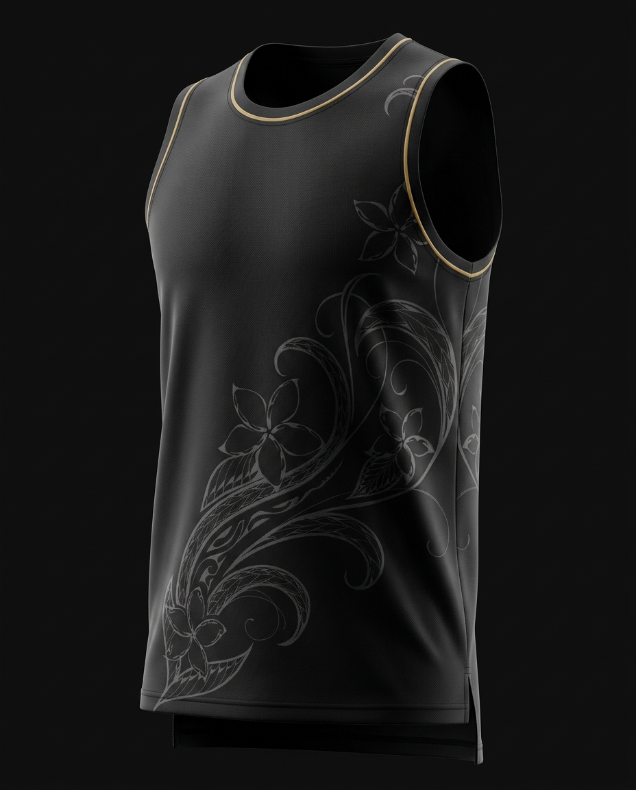 Tonal onyx basketball jersey with tiare vine climbing the ribs and gold piping