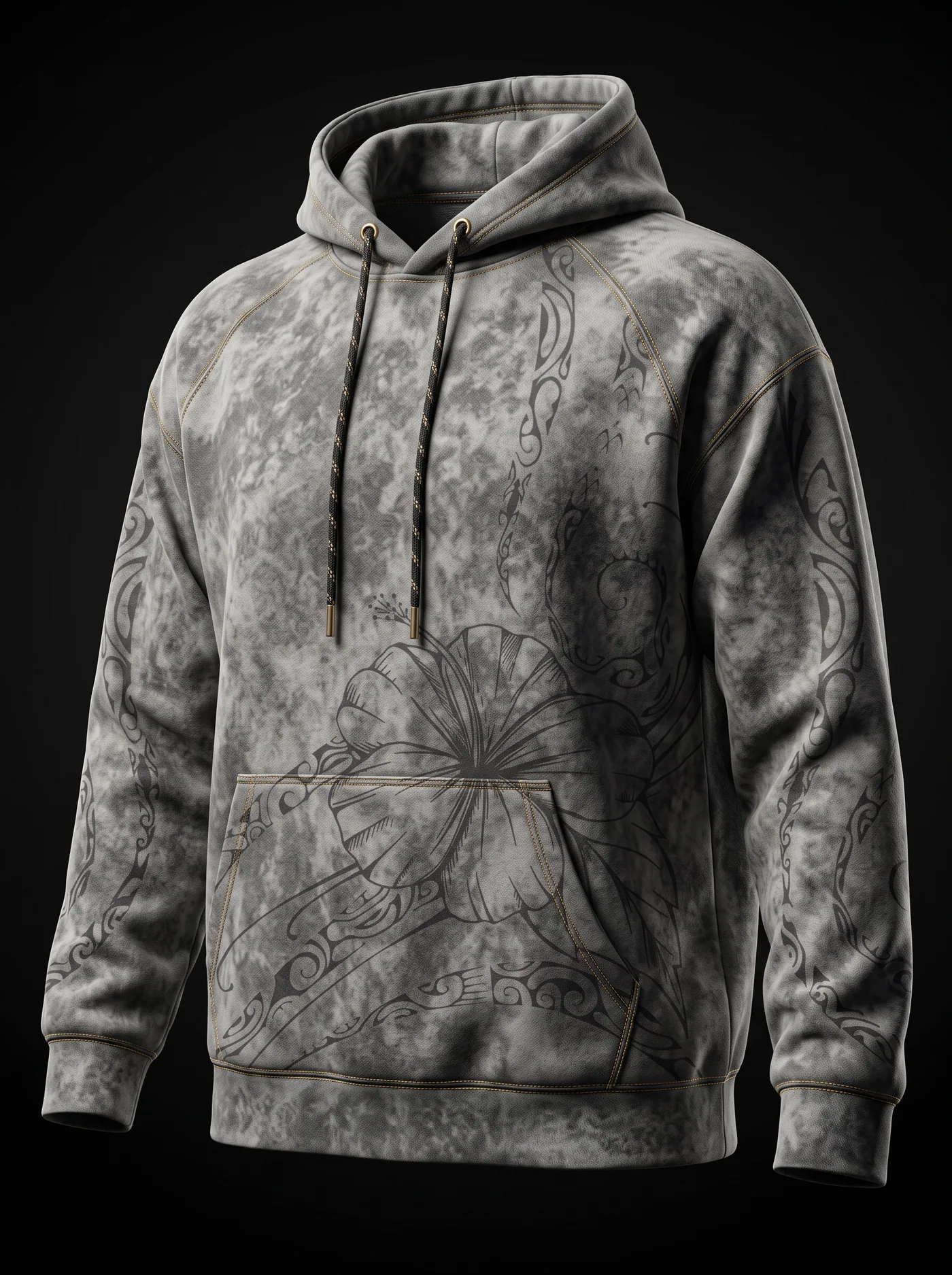 The Ash Wash Hoodie — Hibiscus Koru motif — front view