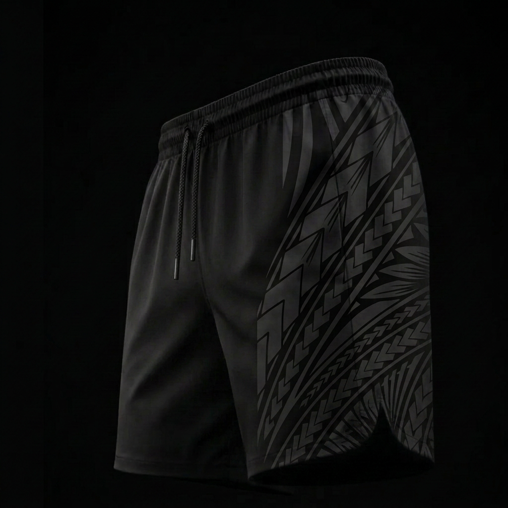 The Side Panel Hardwood Short — Side Panel Tatau motif — front view