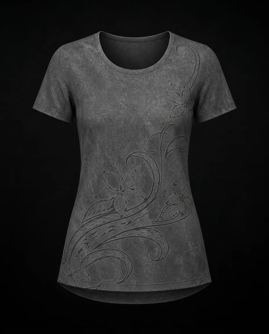 The Tiare Stone Wash Jersey — Tiare Vine motif — front view
