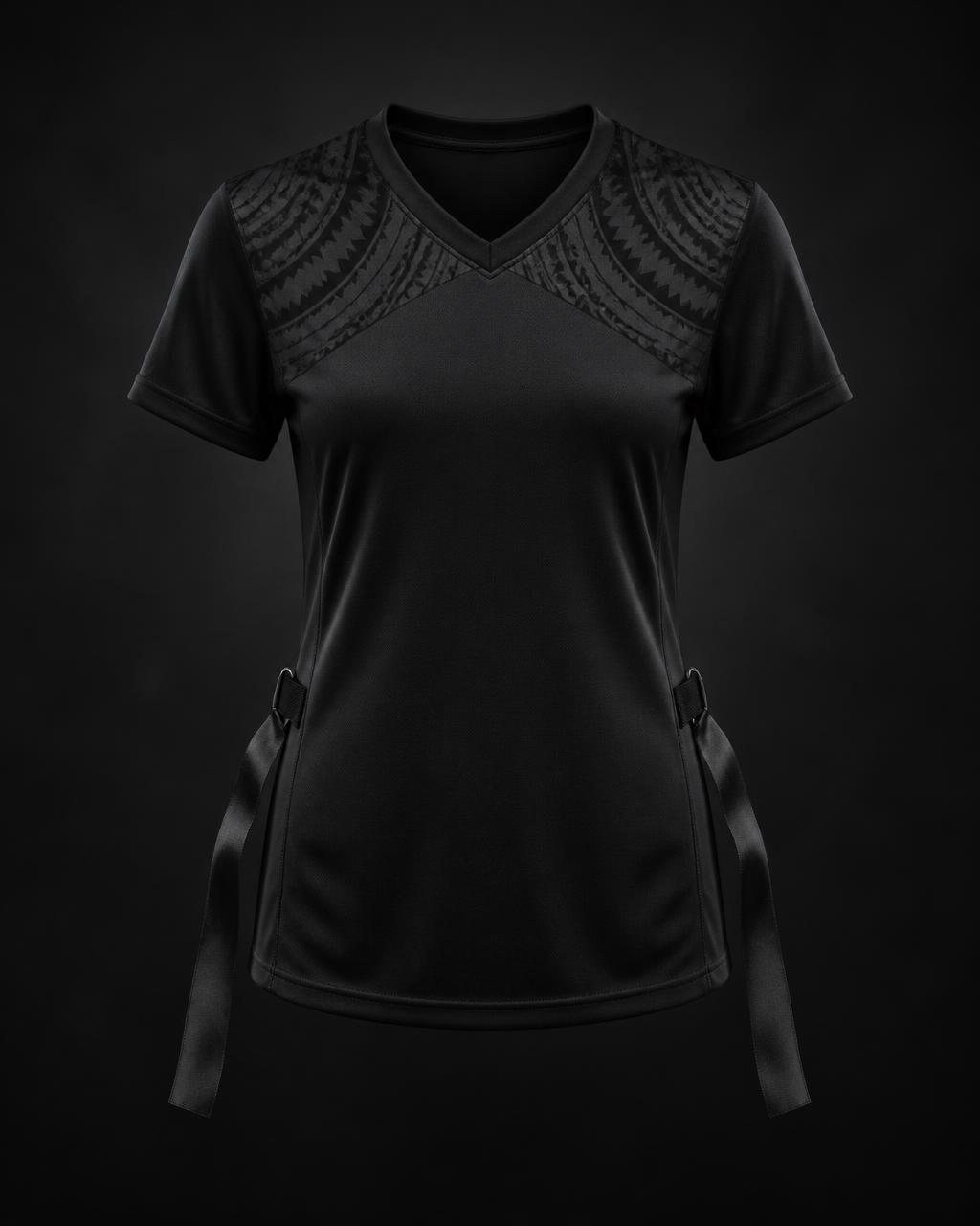 Black Wahine flag football jersey with a Niho Mano shoulder motif