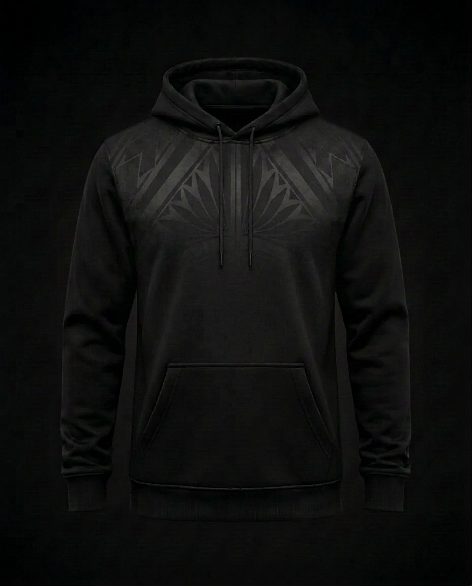 The Onyx Legacy Hoodie — Spearhead Lotus motif — front view